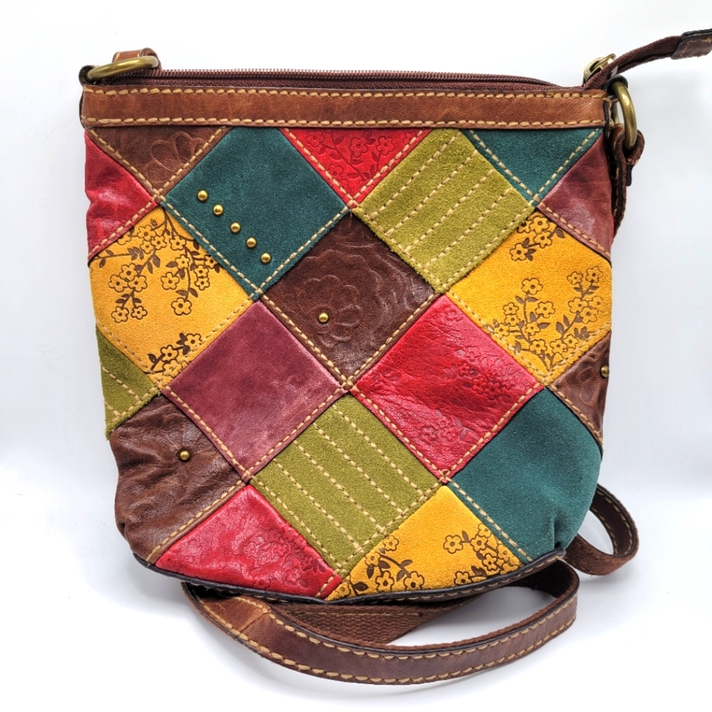 Fossil Multicolor Patches Suede Tooled Floral Cro… - image 1